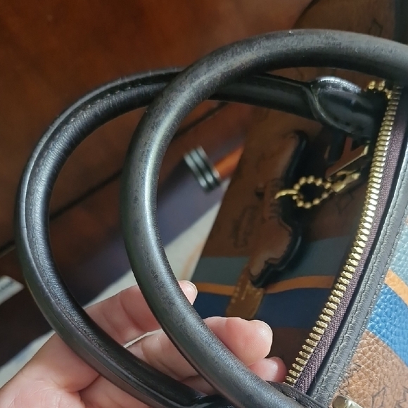 MCM Cognac Visetos Duffel Bag with Blue Stripe - Picture 14 of 16